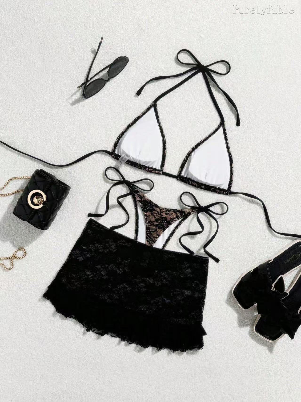 Black Lace Three-Piece Bikini Set