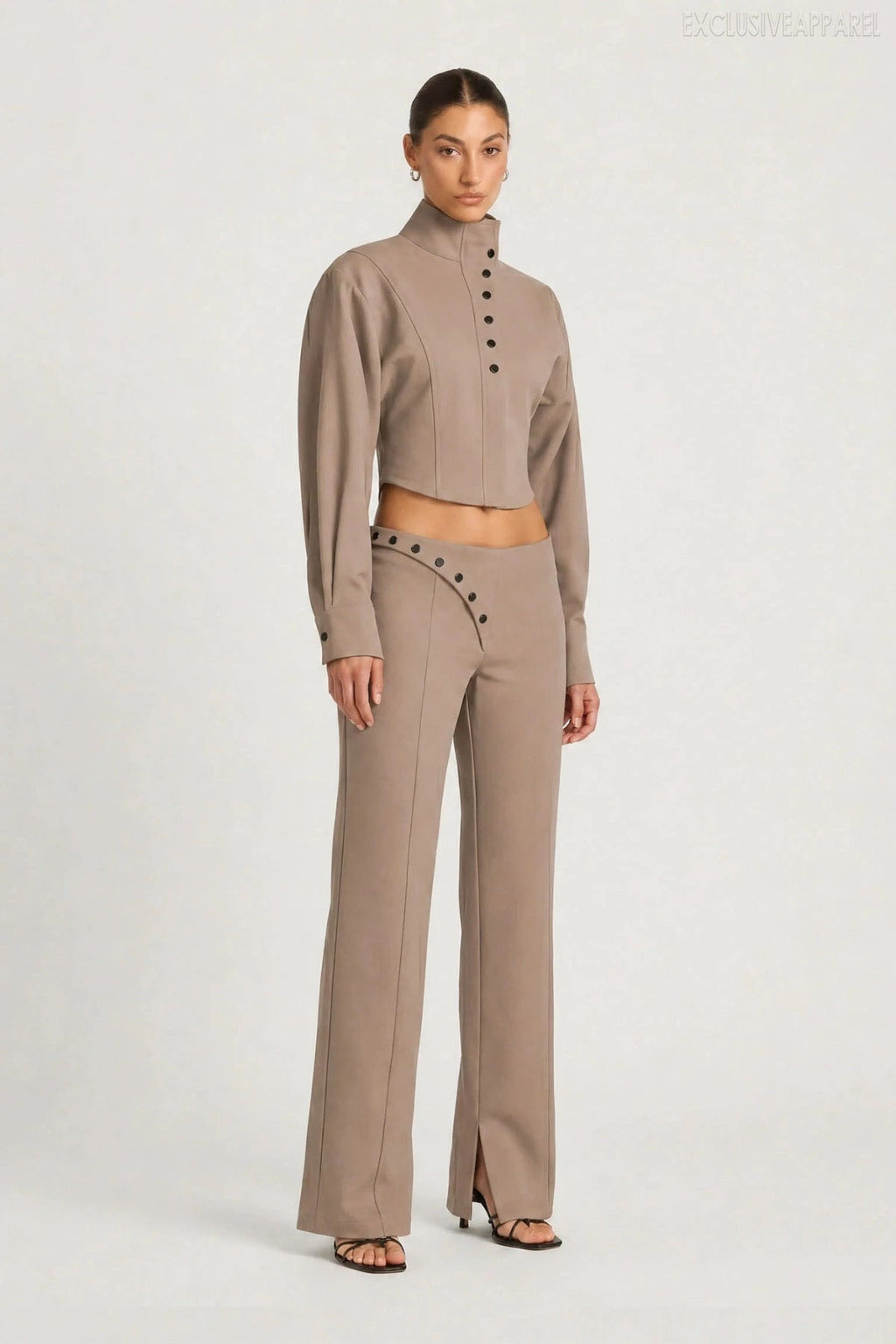 Zella Greyish-brown High-necked Buttoned Wide-leg Pants Set