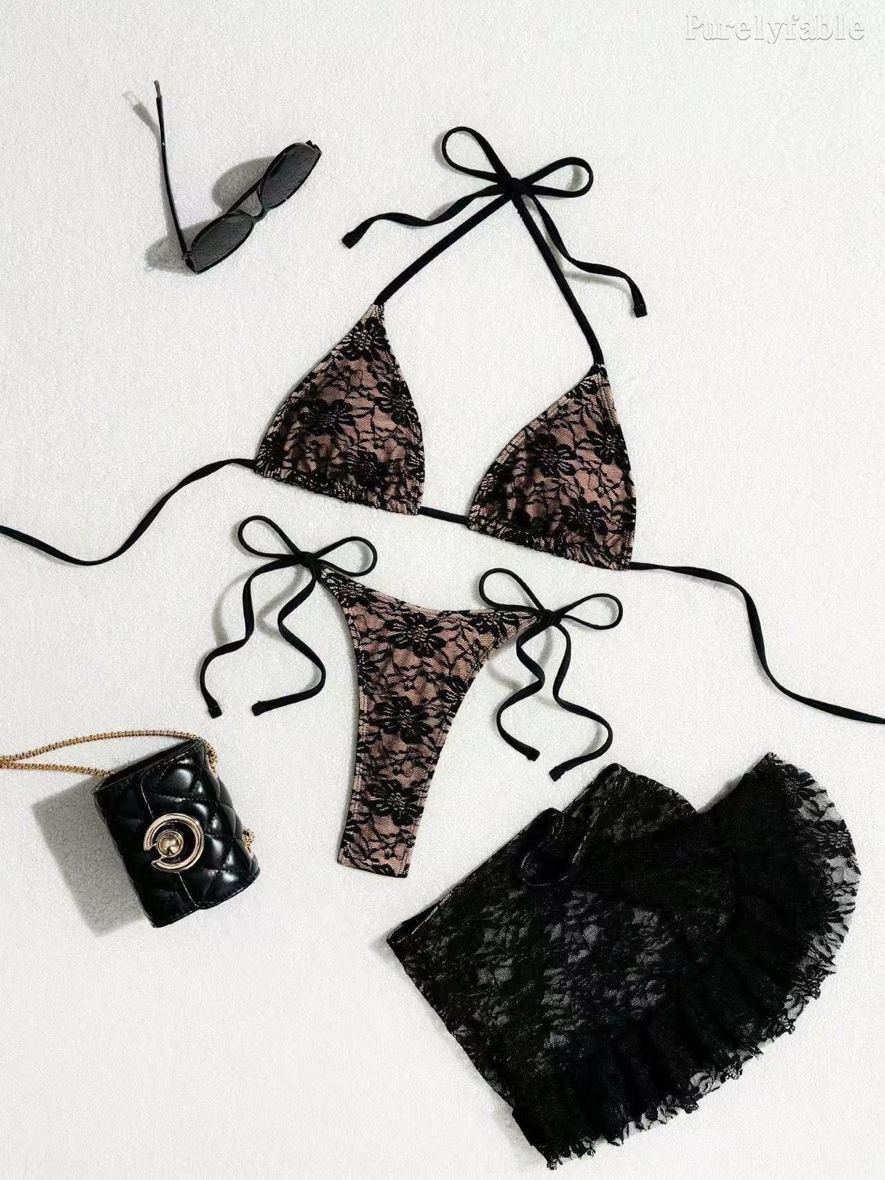 Black Lace Three-Piece Bikini Set