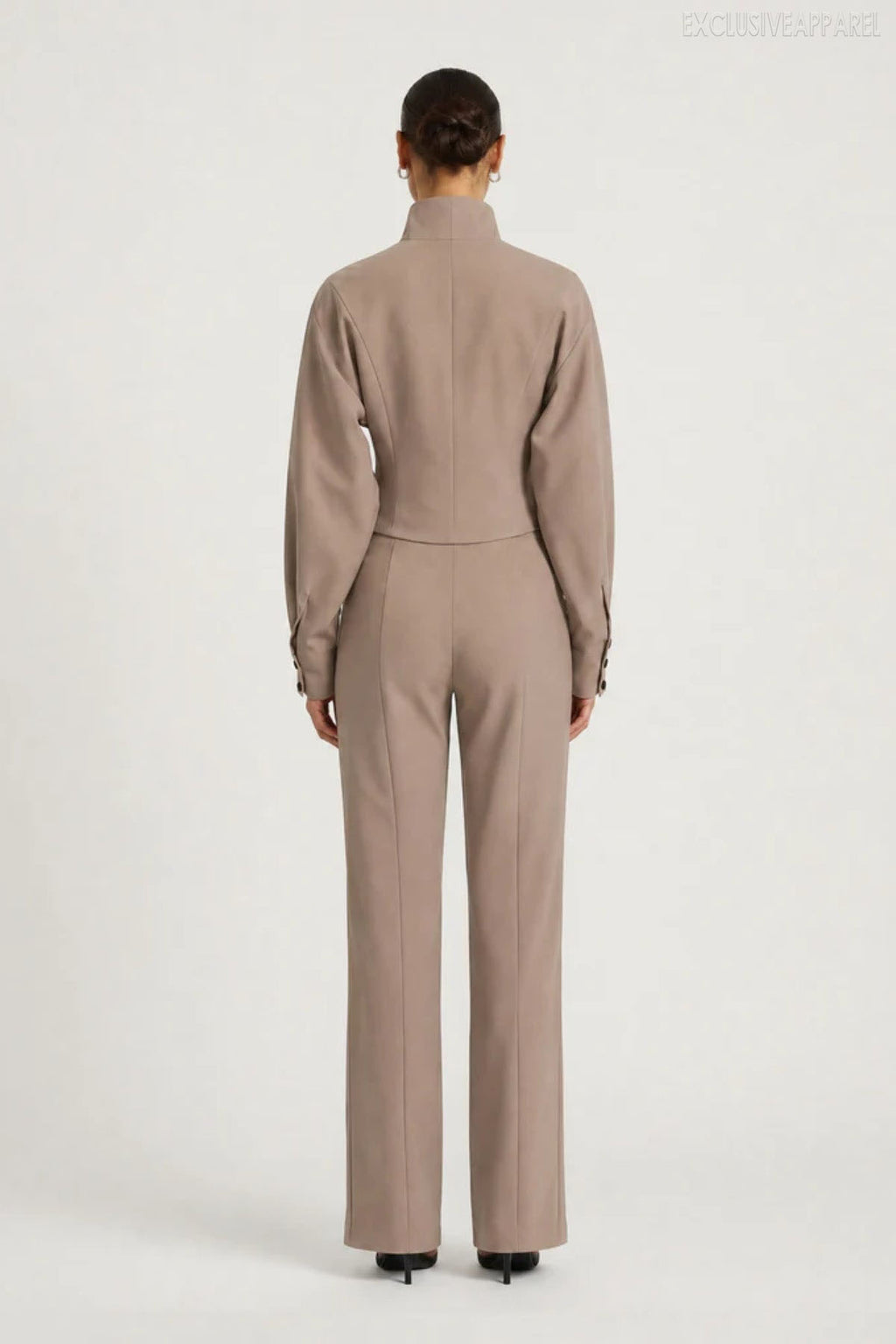 Zella Greyish-brown High-necked Buttoned Wide-leg Pants Set