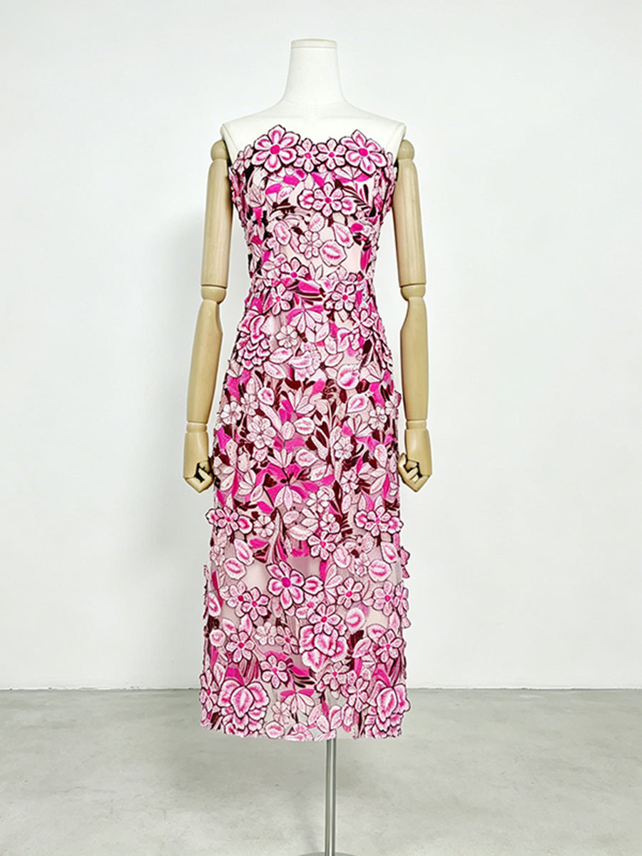 Giselle Pink Strapless Dress With Floral Appliqués