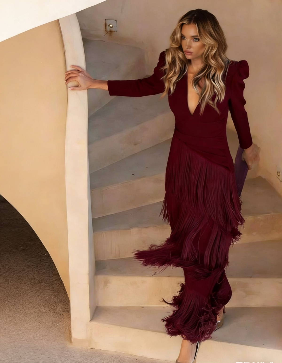 Sophia Deep V Fringe Fitted Maxi Dress