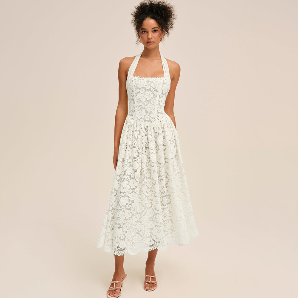 Alba Halter Neck Lace Open Back Midi Dress