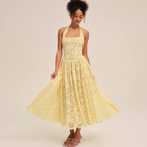 Alba Halter Neck Lace Open Back Midi Dress