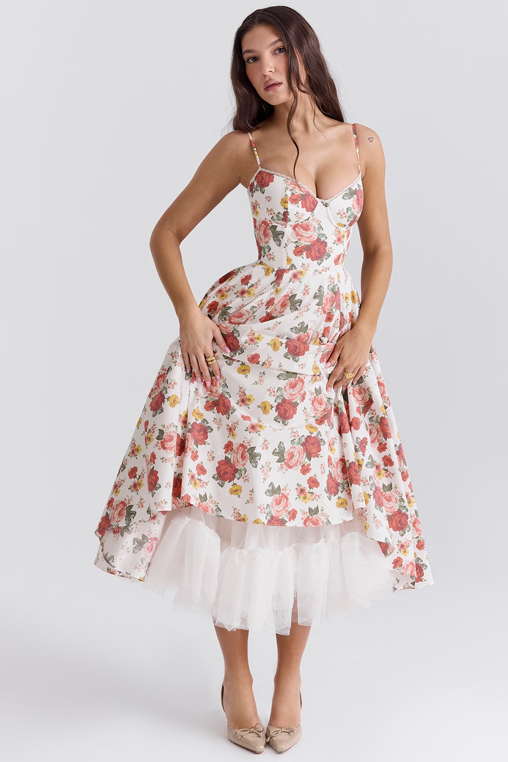 Aleah Fishbone Waist-Cinching Cami Midi Dress