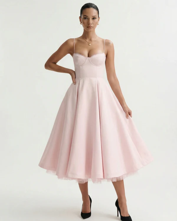 Aleah Fishbone Waist-Cinching Cami Midi Dress