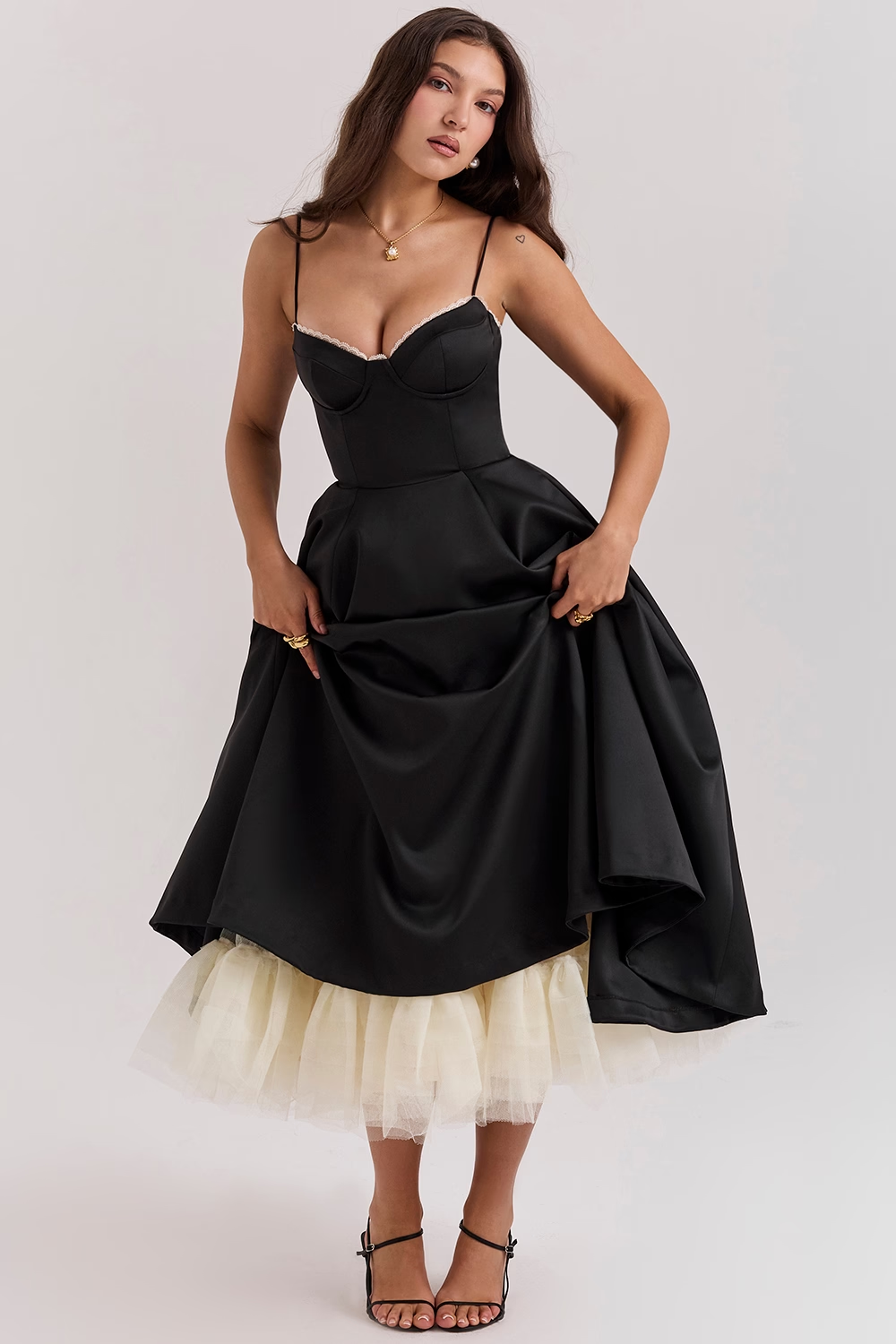 Aleah Fishbone Waist-Cinching Cami Midi Dress