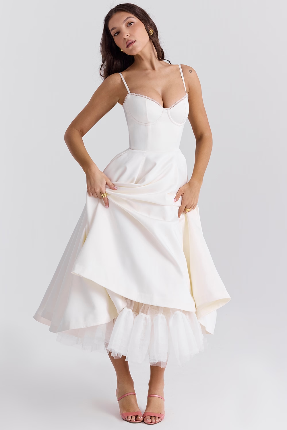 Aleah Fishbone Waist-Cinching Cami Midi Dress