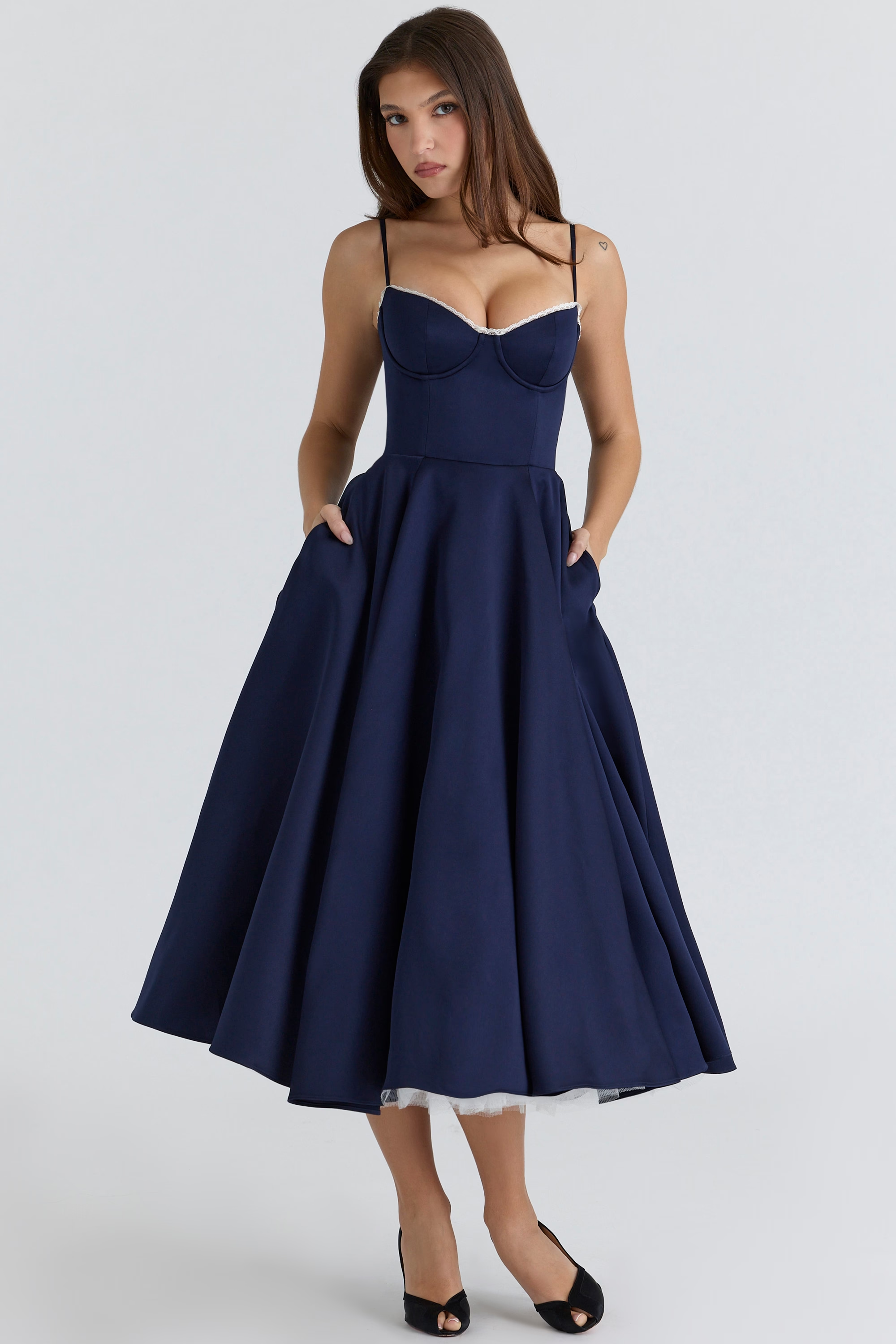 Aleah Fishbone Waist-Cinching Cami Midi Dress