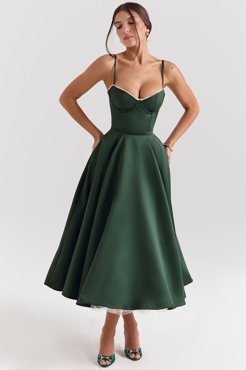 Aleah Fishbone Waist-Cinching Cami Midi Dress