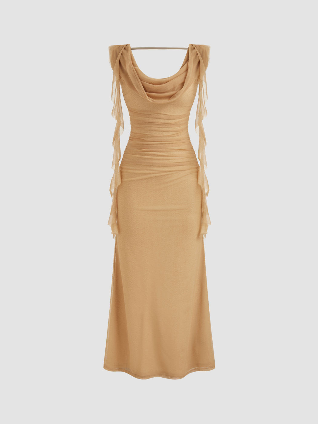 Ariadne Spliced Ruffled Slim Mesh Maxi Dress