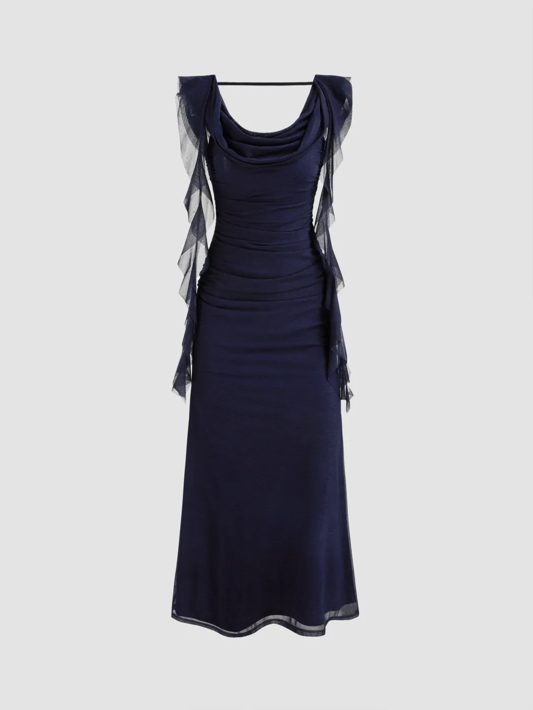 Ariadne Spliced Ruffled Slim Mesh Maxi Dress