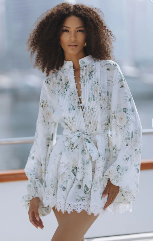Alaya Printed Pleated Long-Sleeve Short Dress