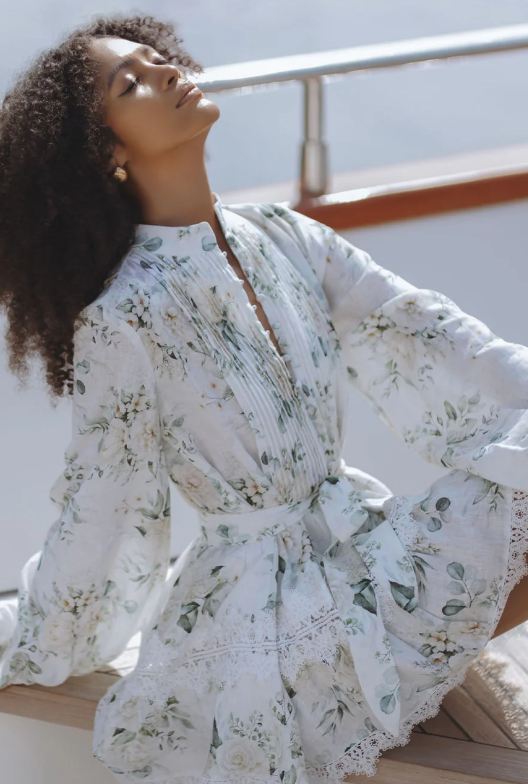 Alaya Printed Pleated Long-Sleeve Short Dress