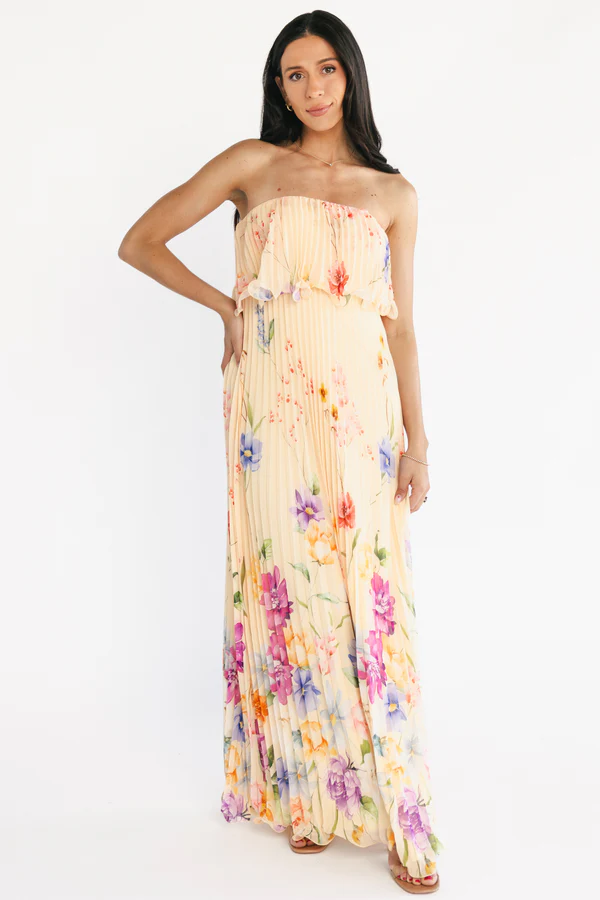 Ariana Floral Strapless Ruched Maxi Dress