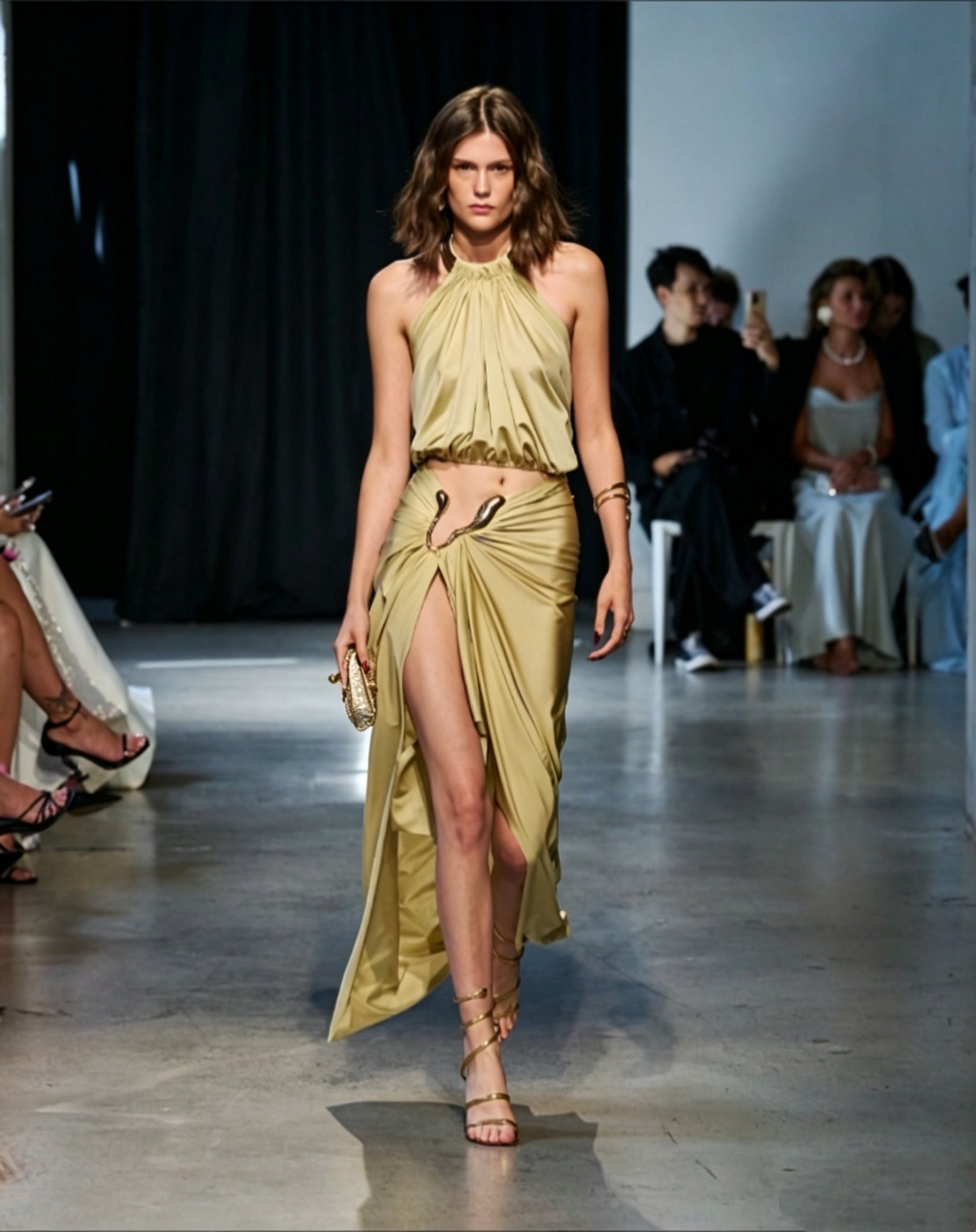 Aria Halter High Slit Draped Maxi Dress In Green
