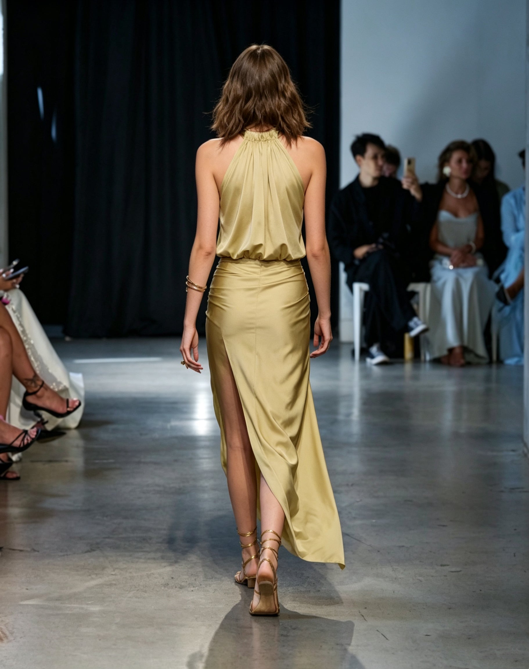 Aria Halter High Slit Draped Maxi Dress In Green