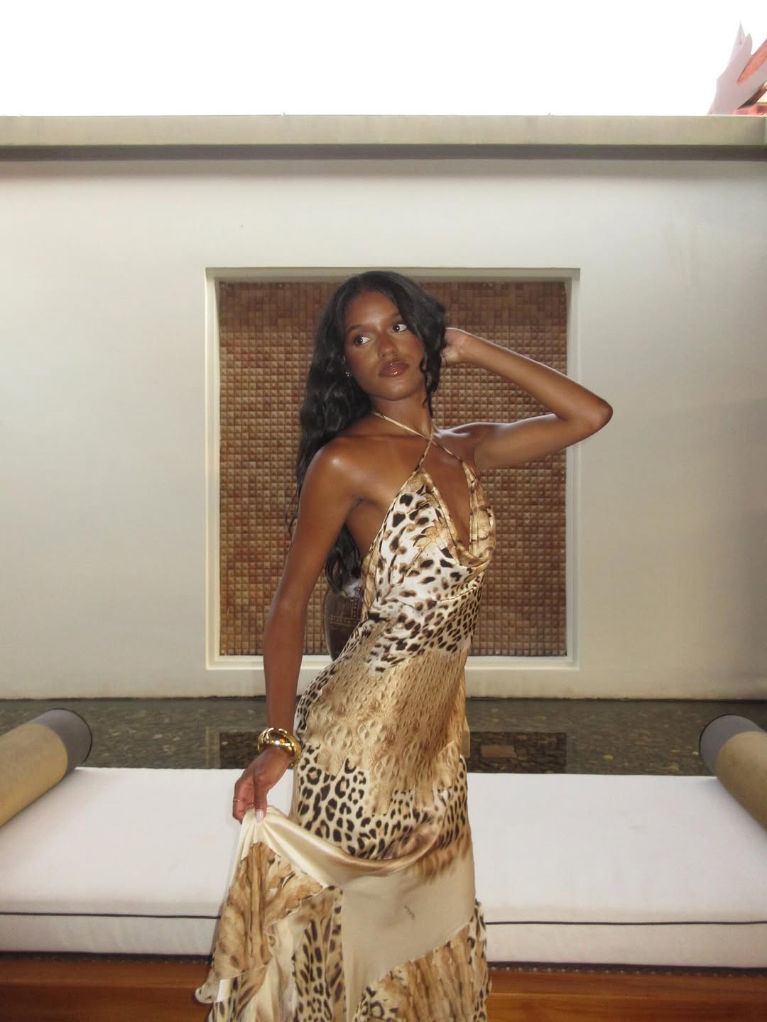 Alessandra Satin Halter Cowl Neck Leopard Maxi Dress