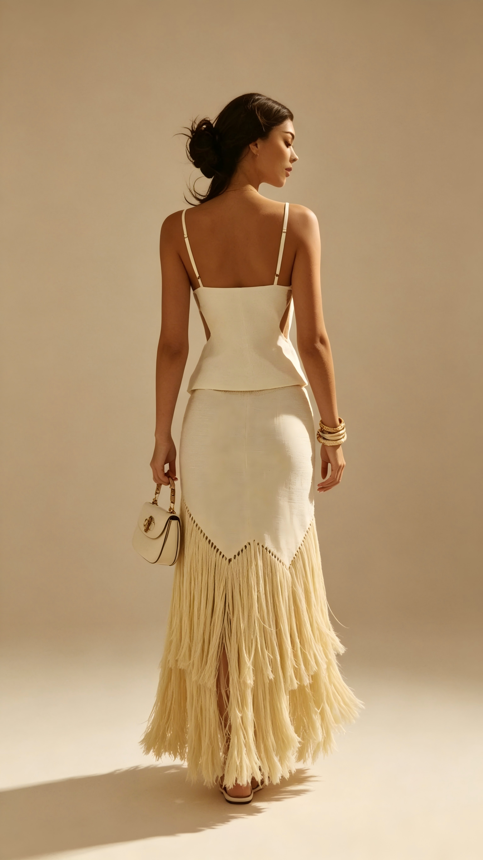 Isabella Sleeveless Fringe Maxi Skirt Set With Cropped Top In Cream