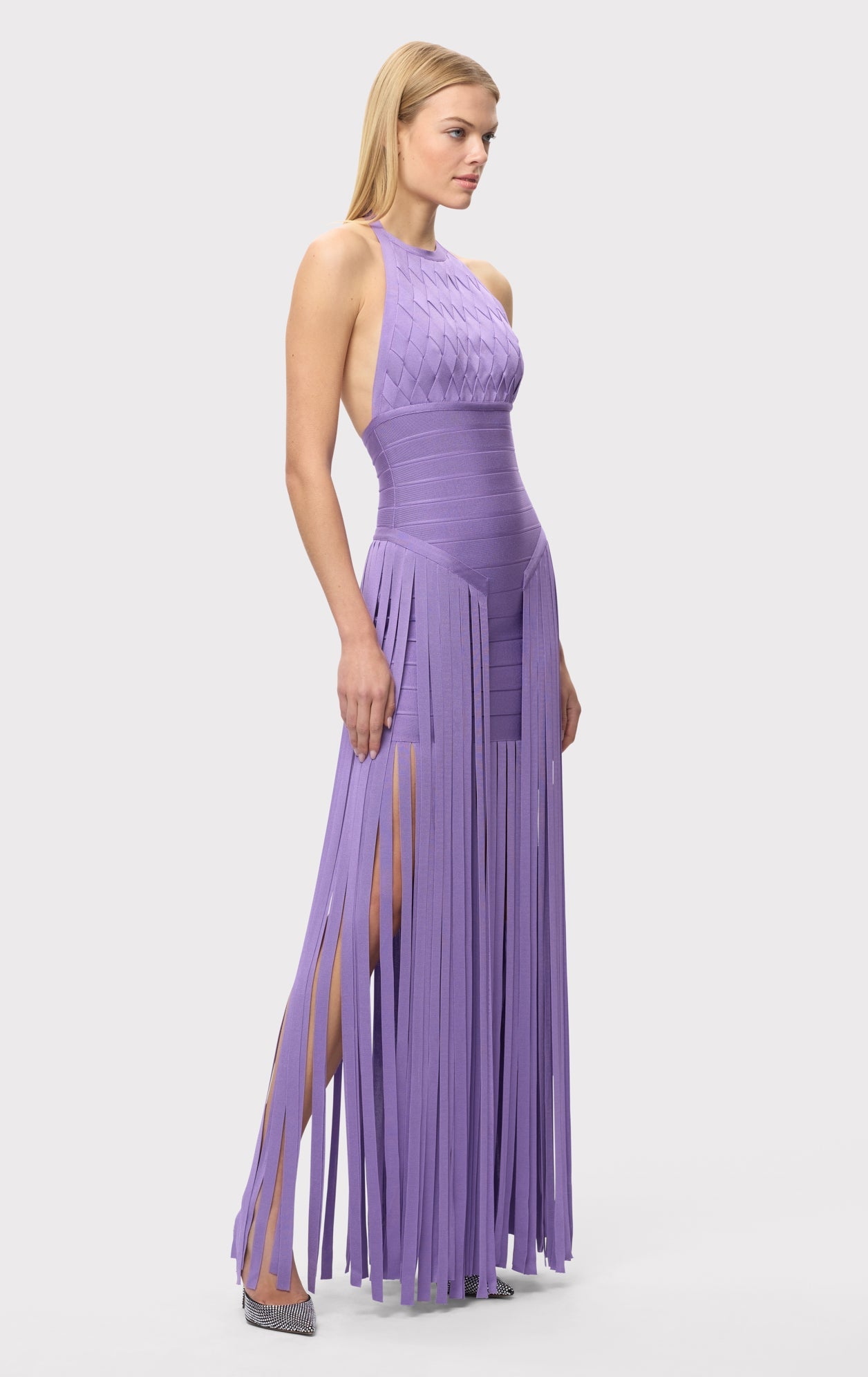 Aria Halter Neck Bodycon Fringe Evening Dress In Purple