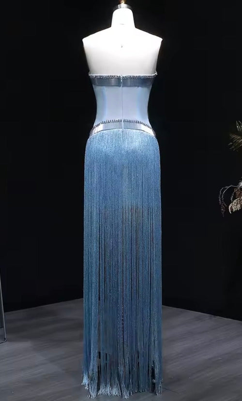 Alana Strapless Crystal Trim Corset Fringe Maxi Dress In Light Blue