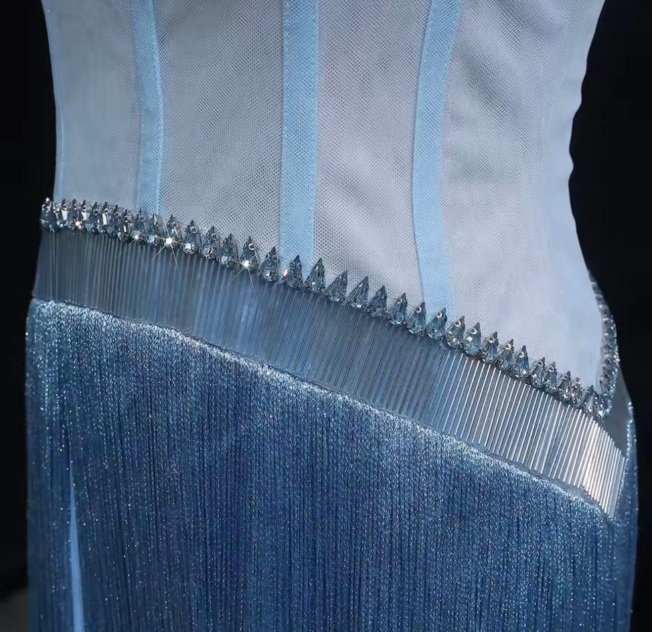 Alana Strapless Crystal Trim Corset Fringe Maxi Dress In Light Blue