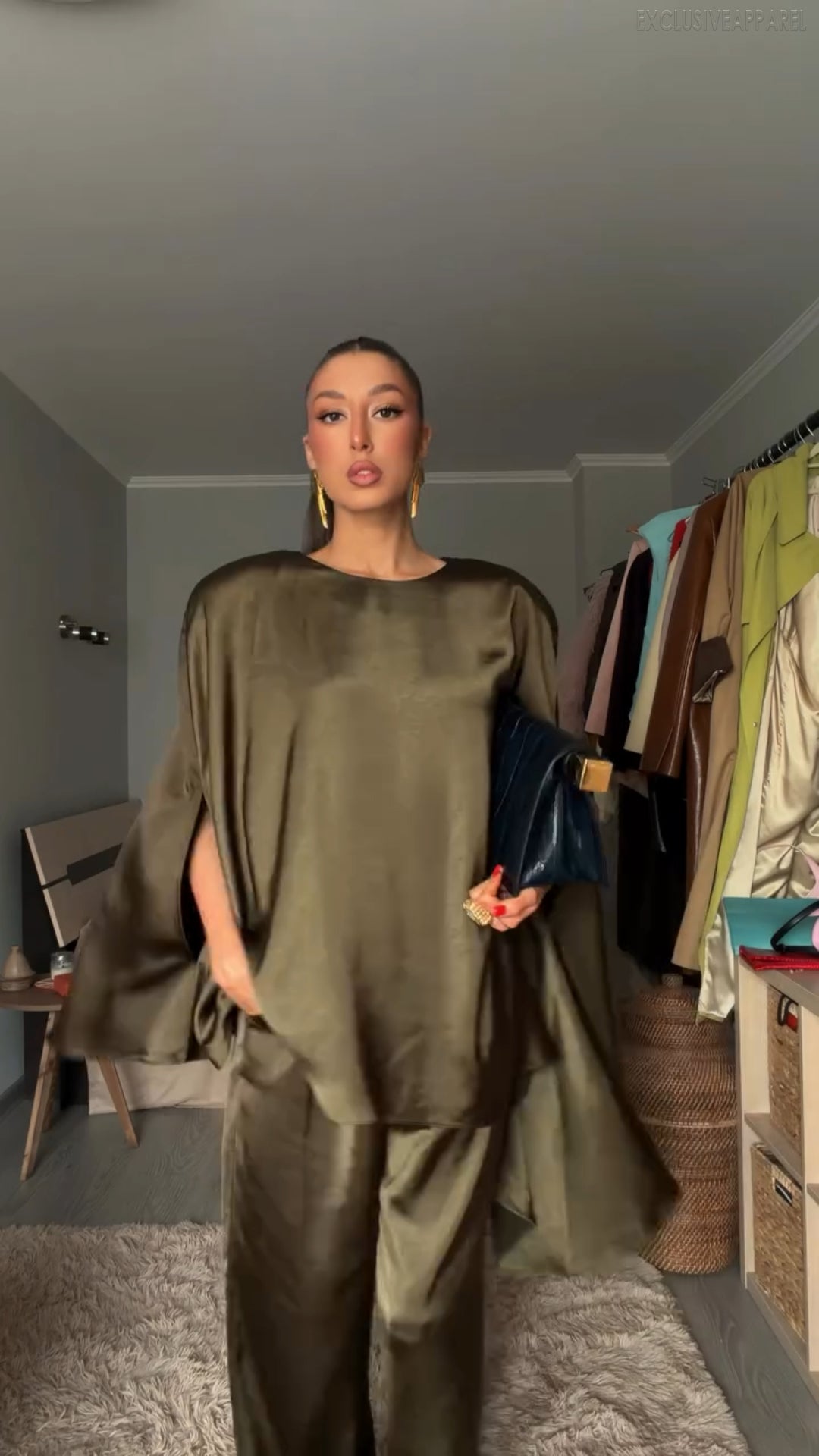 Brielle Dark Green Cape Sleeve Wide-Leg Pants Set