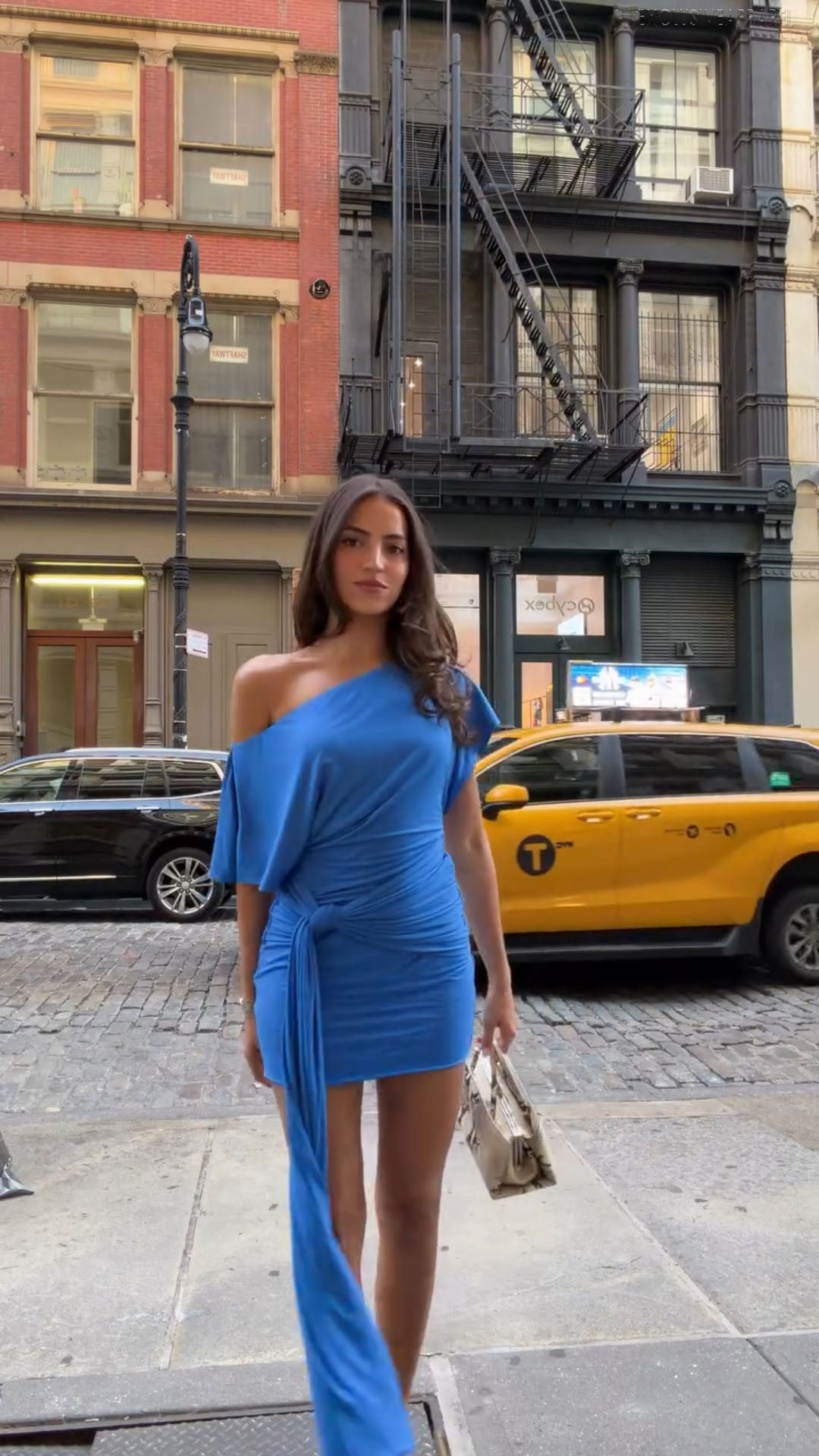 Dahlia Blue Single-Shoulder Drop-Waist Strap Short Dress
