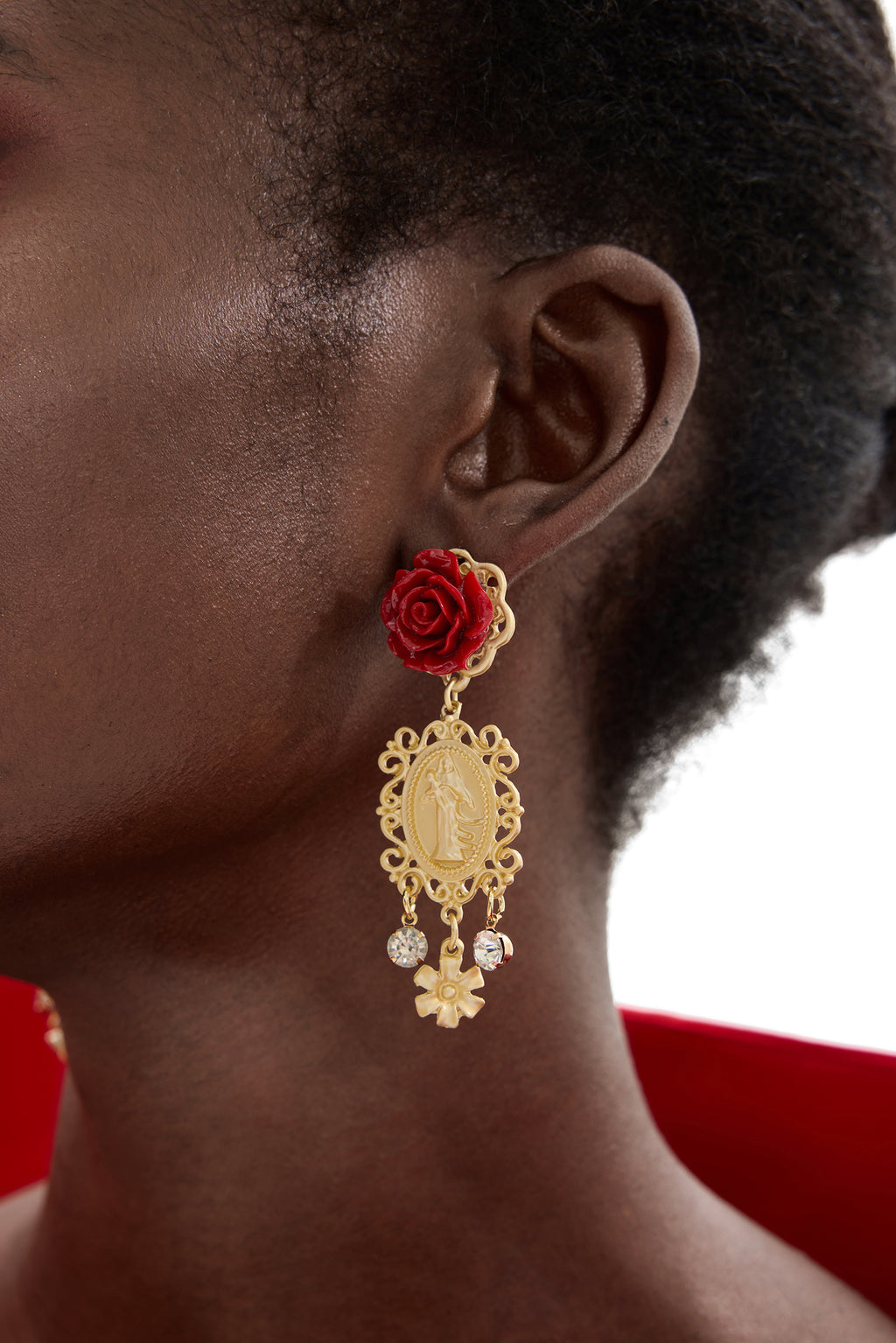 Faux Diamond Cameo Rose Shape Drop Earrings
