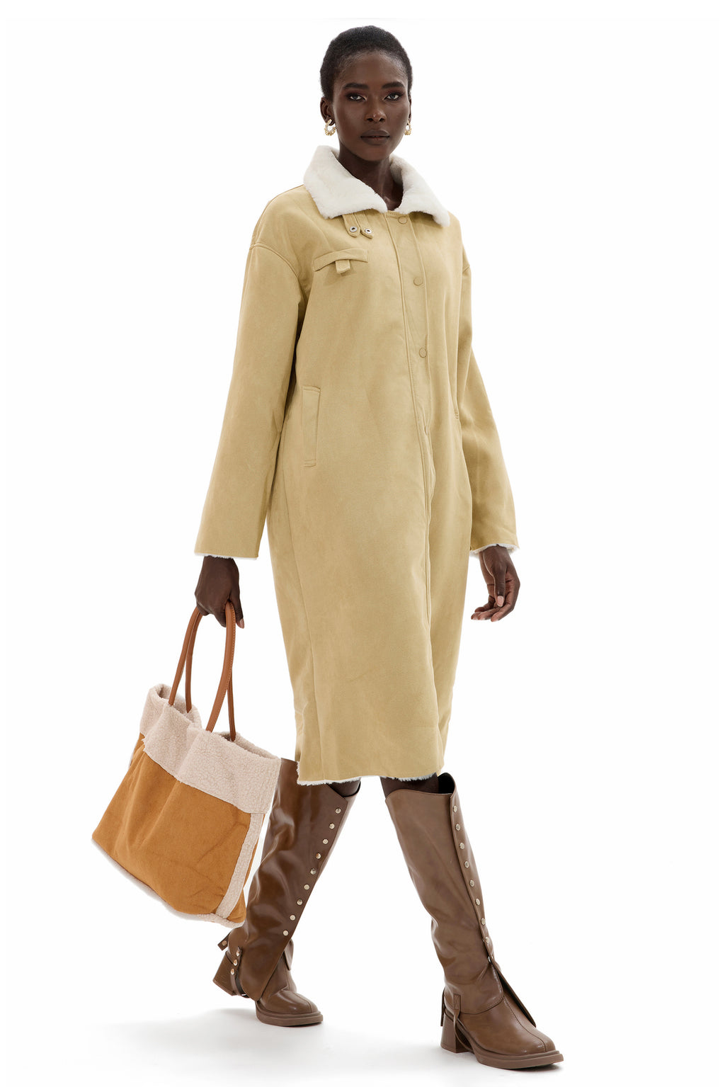 Faux Lamb Wool Suede Fabric Tote Bag
