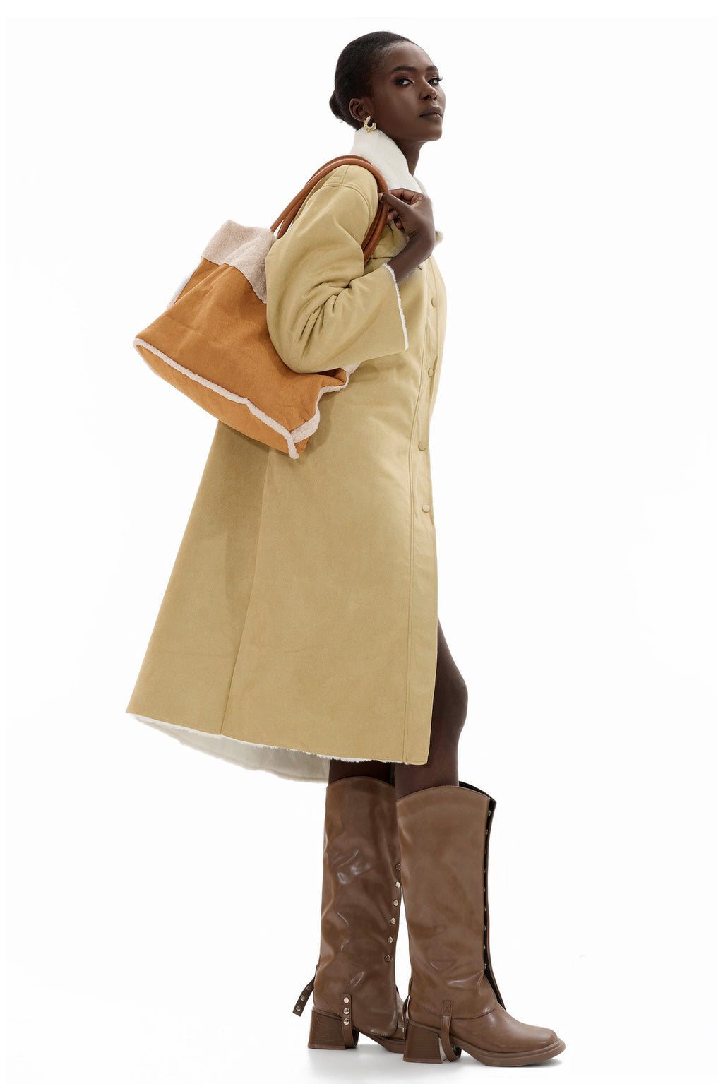Faux Lamb Wool Suede Fabric Tote Bag