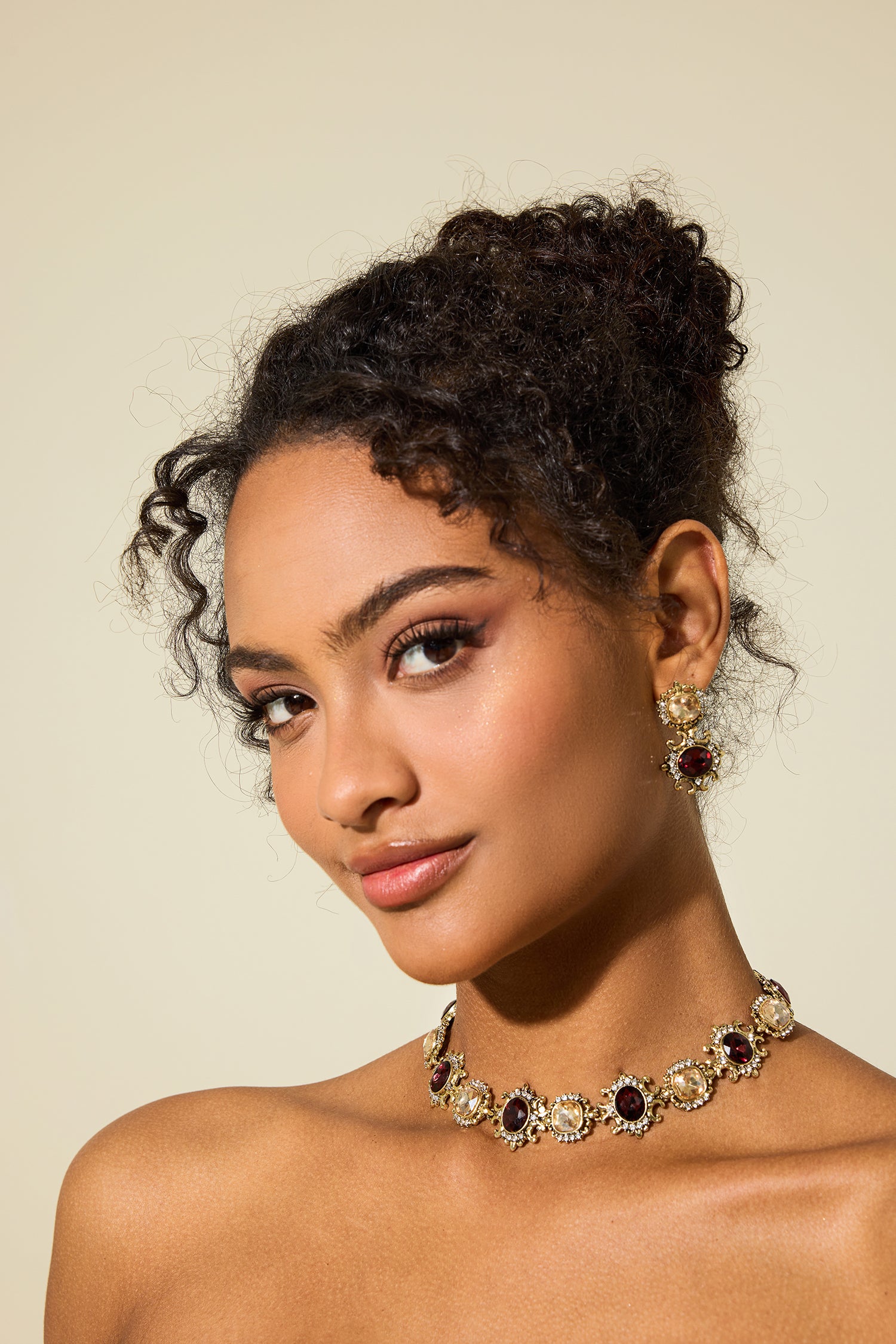 Imitation Gemstone Faux Diamond Choker & Stud Earrings Set