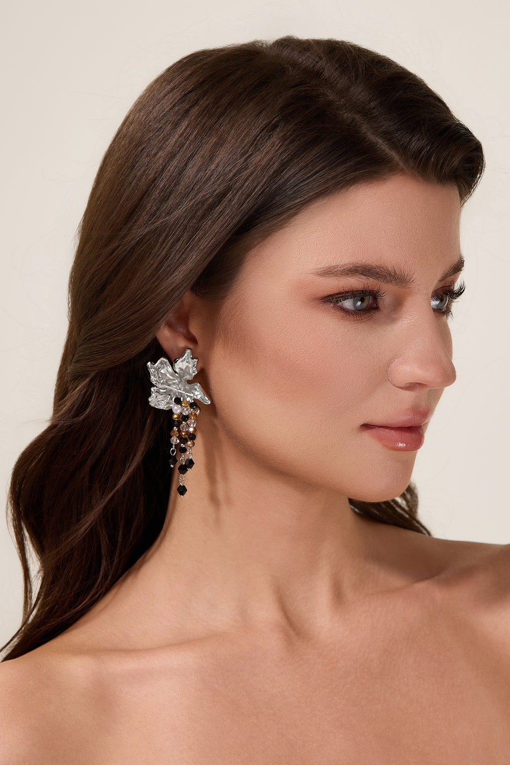 Floral Shape Beaded Tassel Metal Earrings