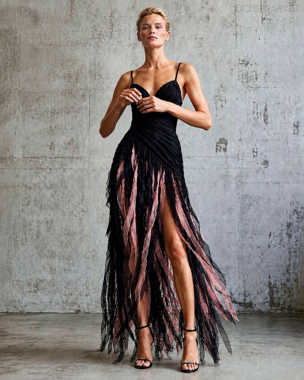 Azalea Black Striped Shoulder-Strap Fringed A-Line Dress