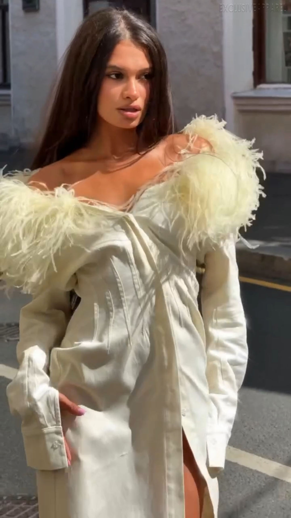 Katherine White Feather Shoulder-Padded Slit Long Dress