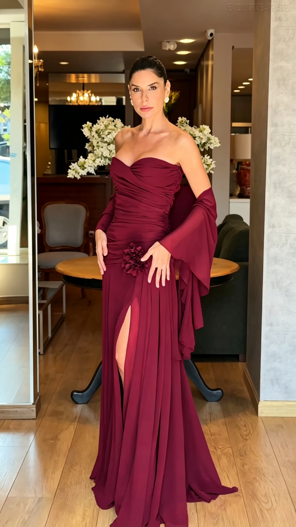 Allison Wine Red Strapless Pleated Long Evening Dress