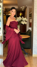 Allison Wine Red Strapless Pleated Long Evening Dress