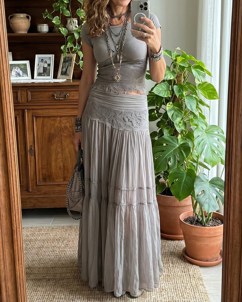 Kira Grey Round Neck Tops and Skirts Two Piece Set