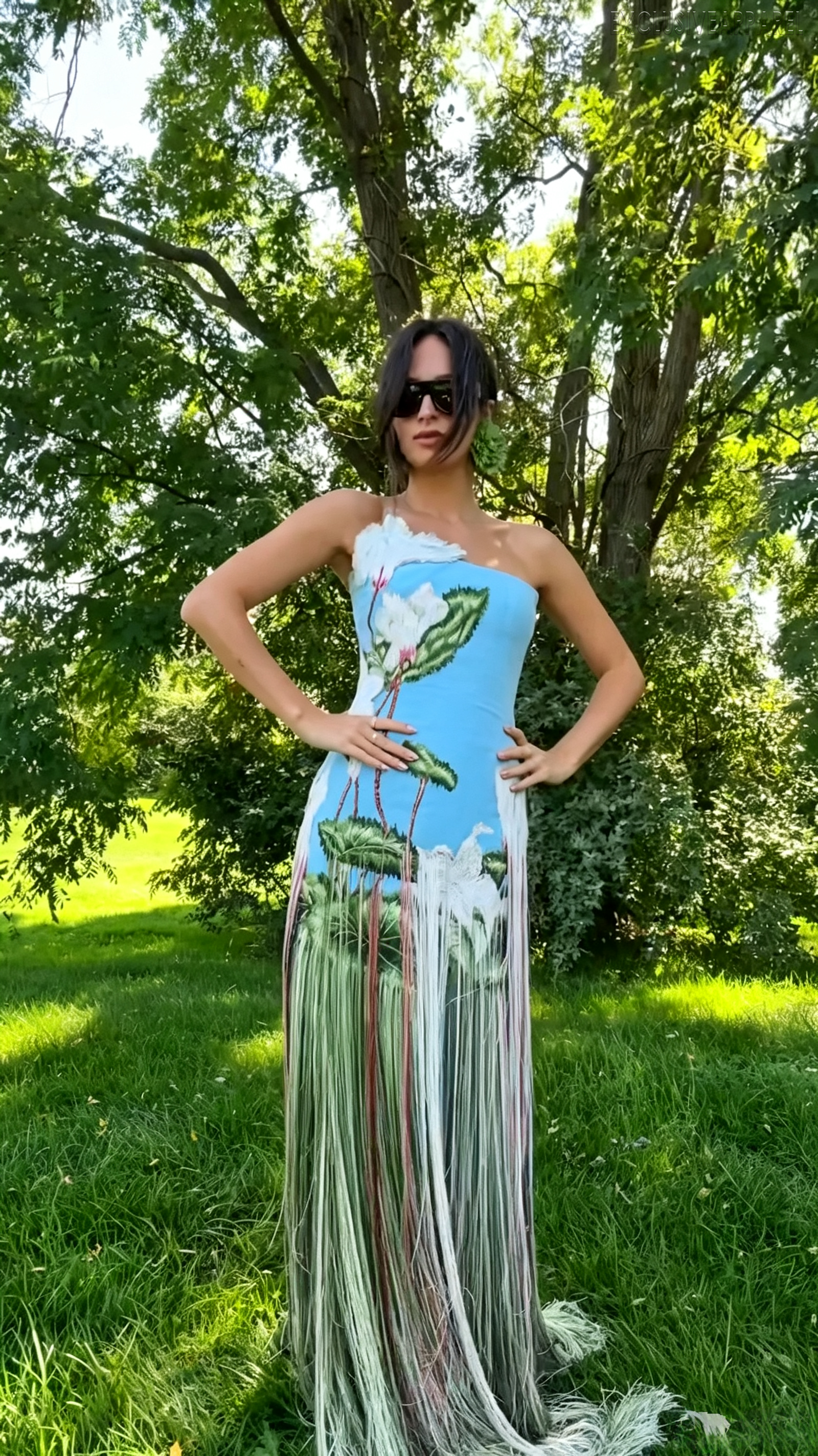 Hannah Blue Single-Shoulder Printed Fringed Dress