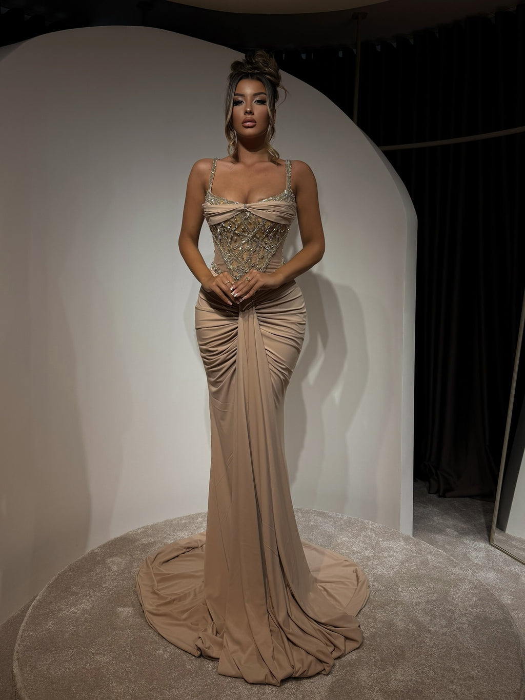 Ellie Nude-Colored Belted Fishtail Skirt