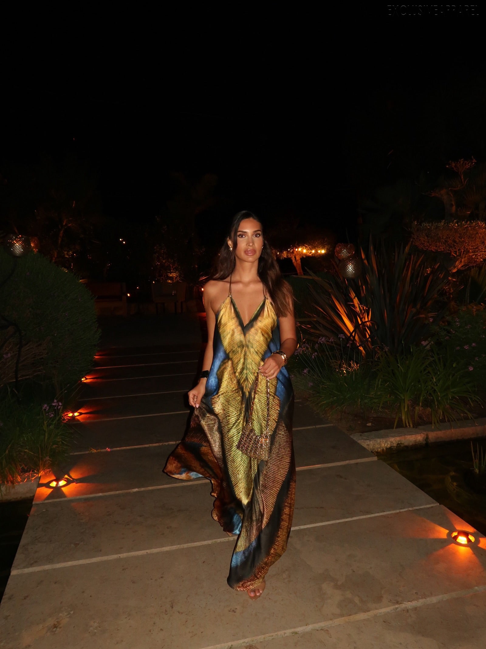 Ariana Multi-Color Neck-wrap V-Neck Flowing Long Dress