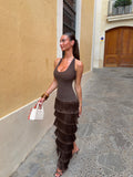Eliza Brown Halter Neck Multi-Layer Long Dress