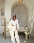 Zaira White Shoulder-Sleeved Wide Leg Pants Set