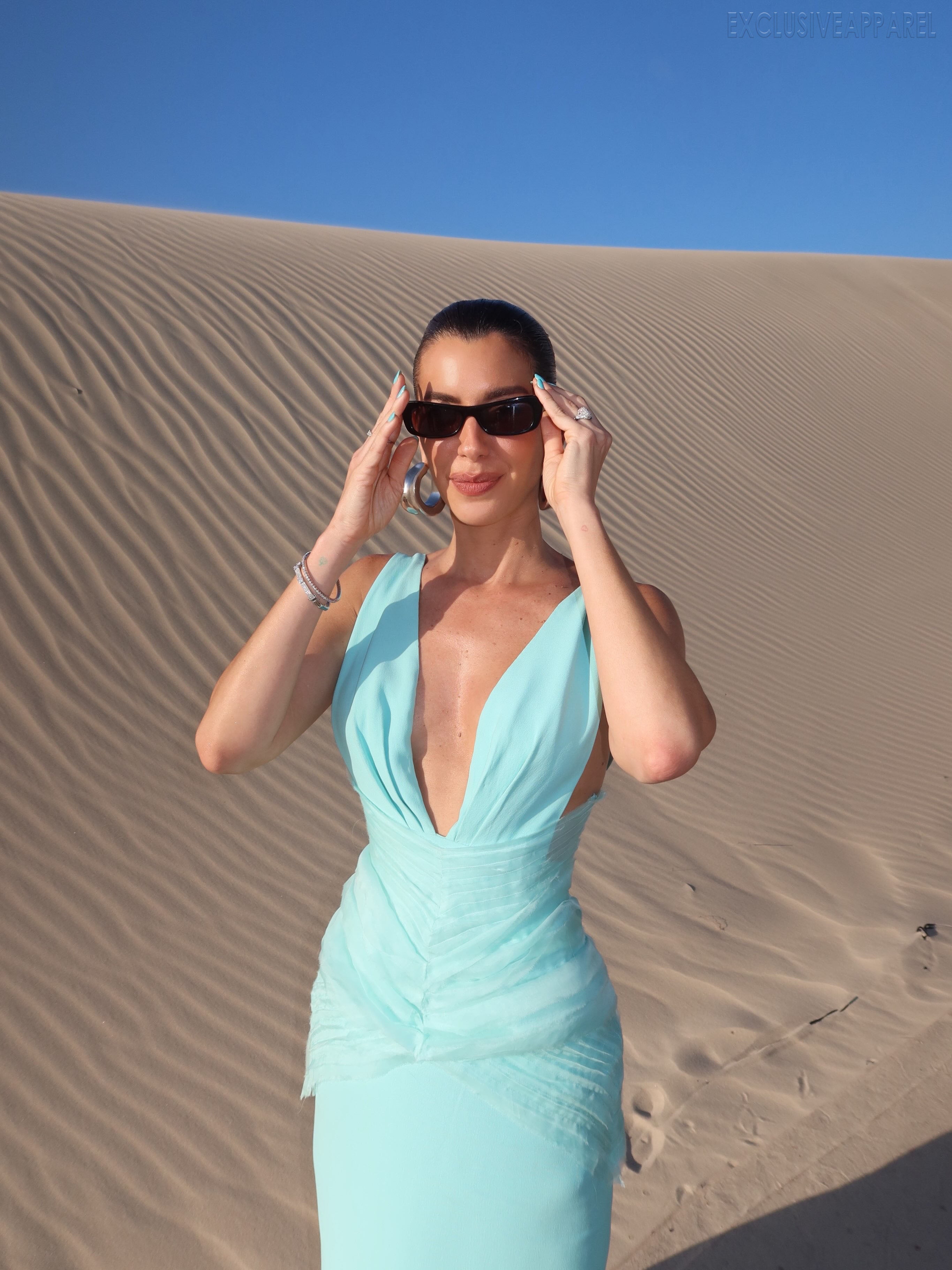 Eloise Blue Deep V Pleated Long Dress