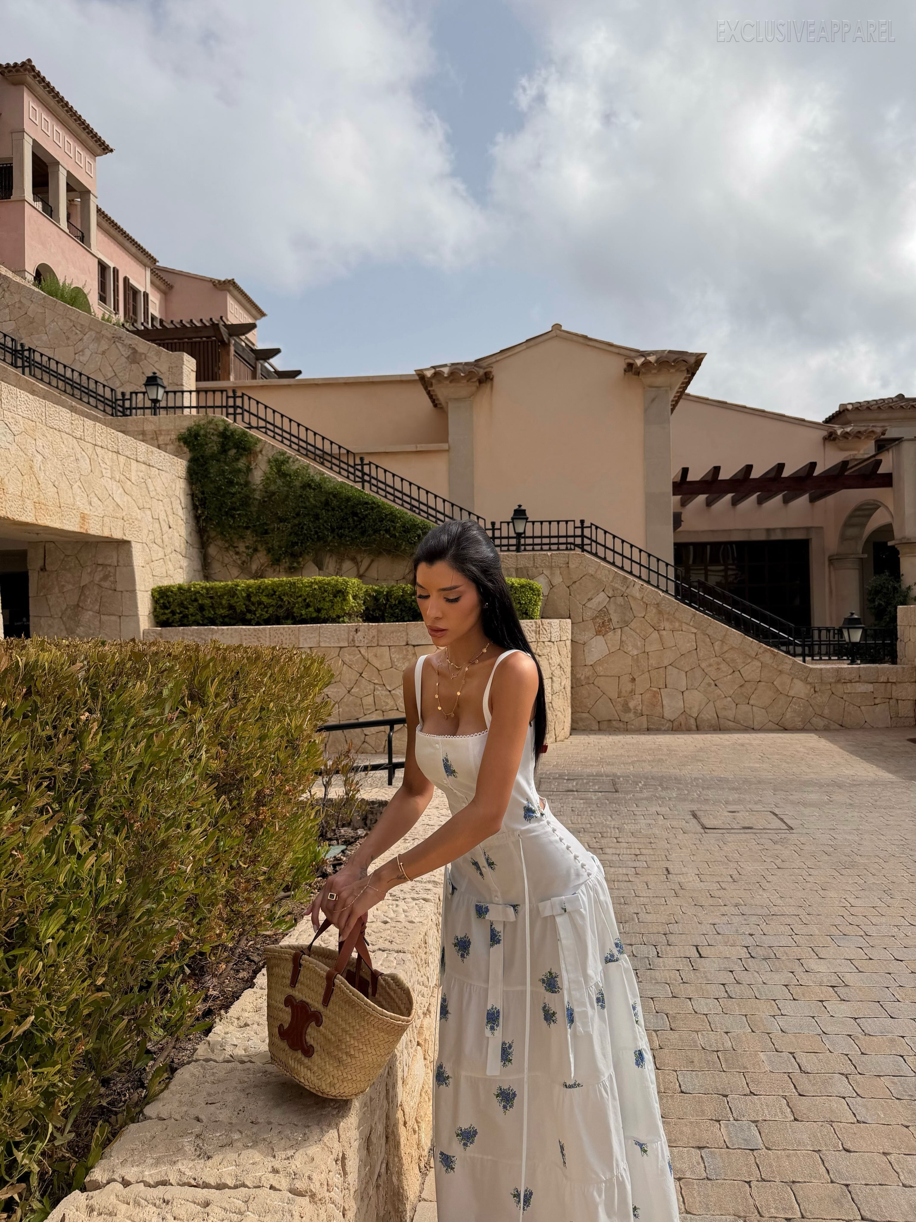 Luna White Off-shoulder Layered Print Long Dress