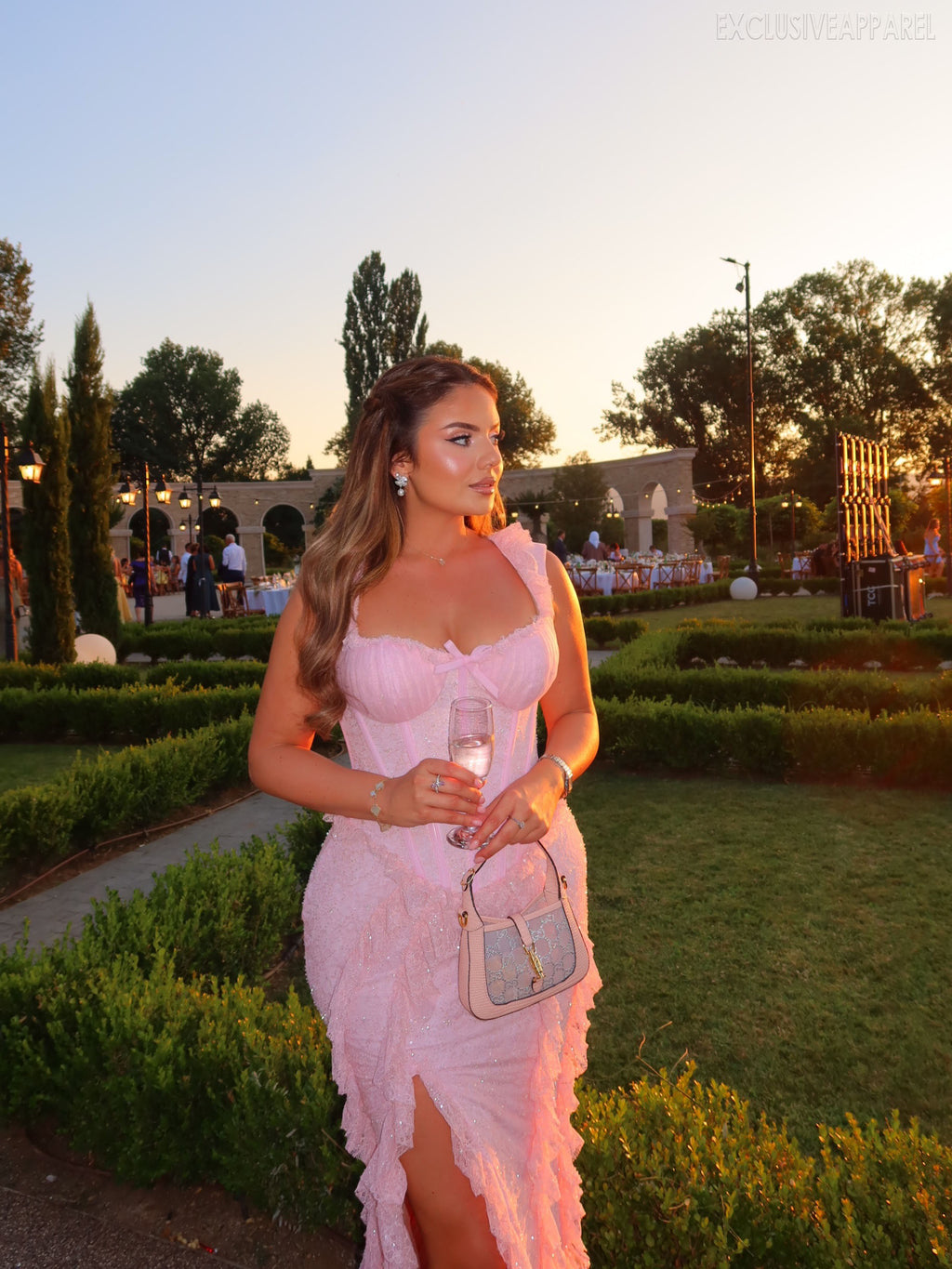 Eliana Pink Heart-shaped Collar Boatneck Long Dress