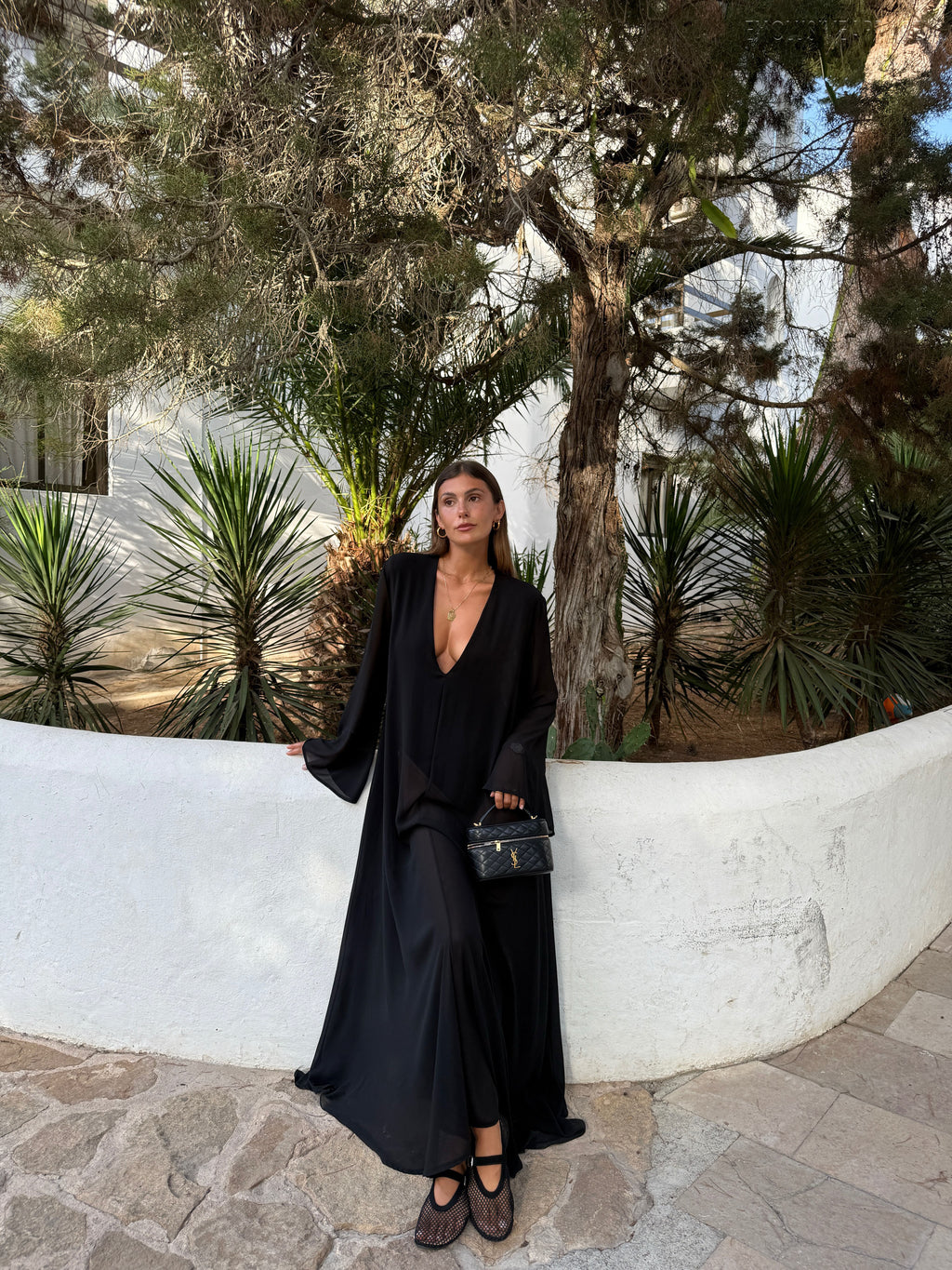 Guinevere Black Deep V-Neck Flared Sleeve Long Dress