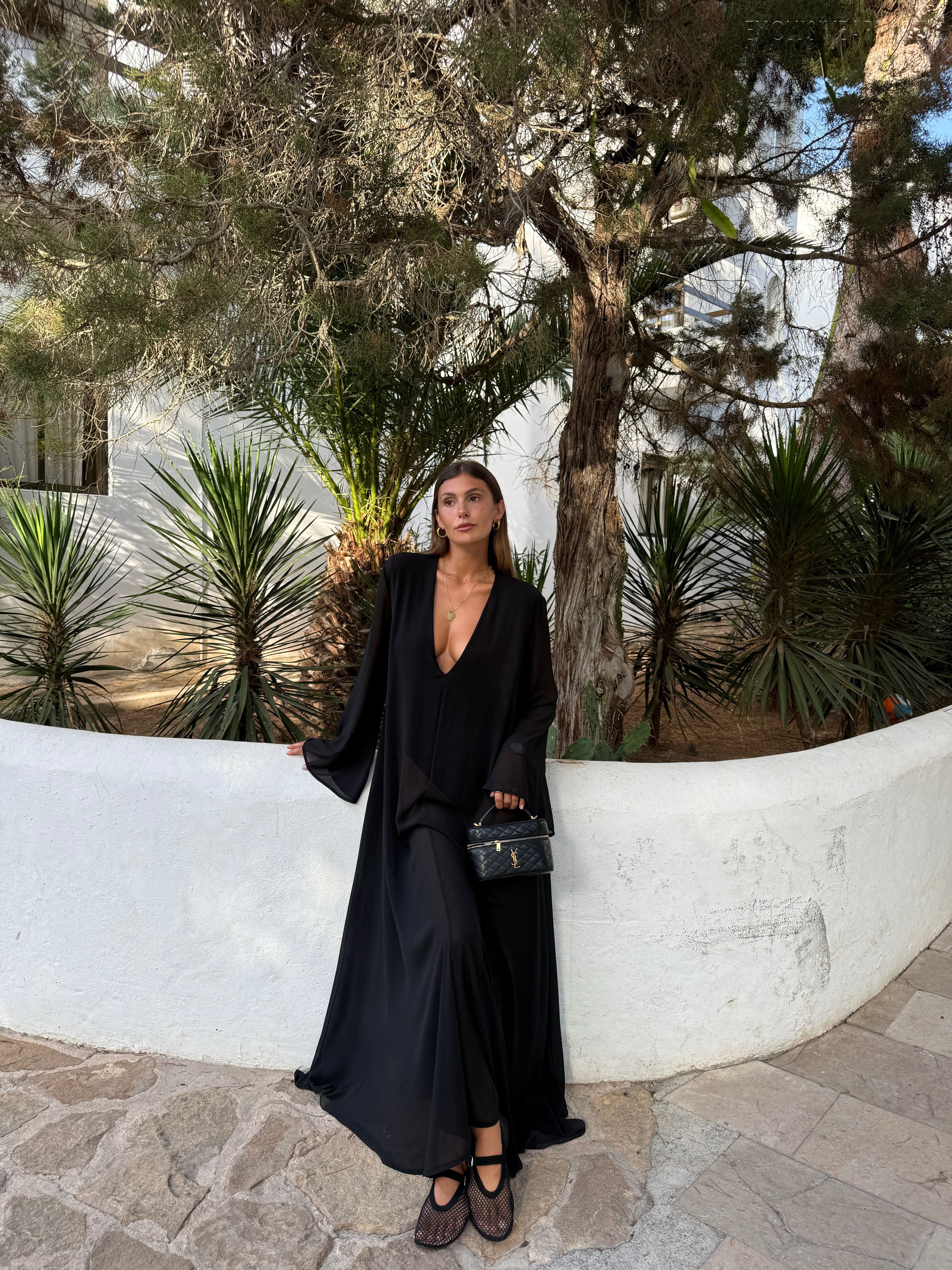 Guinevere Black Deep V-Neck Flared Sleeve Long Dress