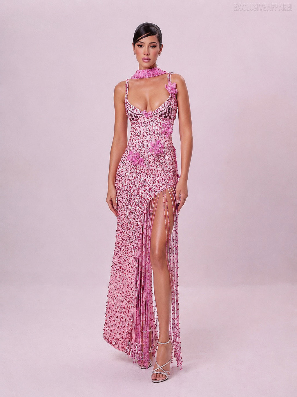 Penelope Pink Thin Shoulder Strap Fringed Slit Long Dress