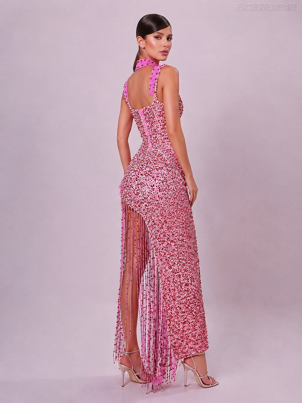 Penelope Pink Thin Shoulder Strap Fringed Slit Long Dress